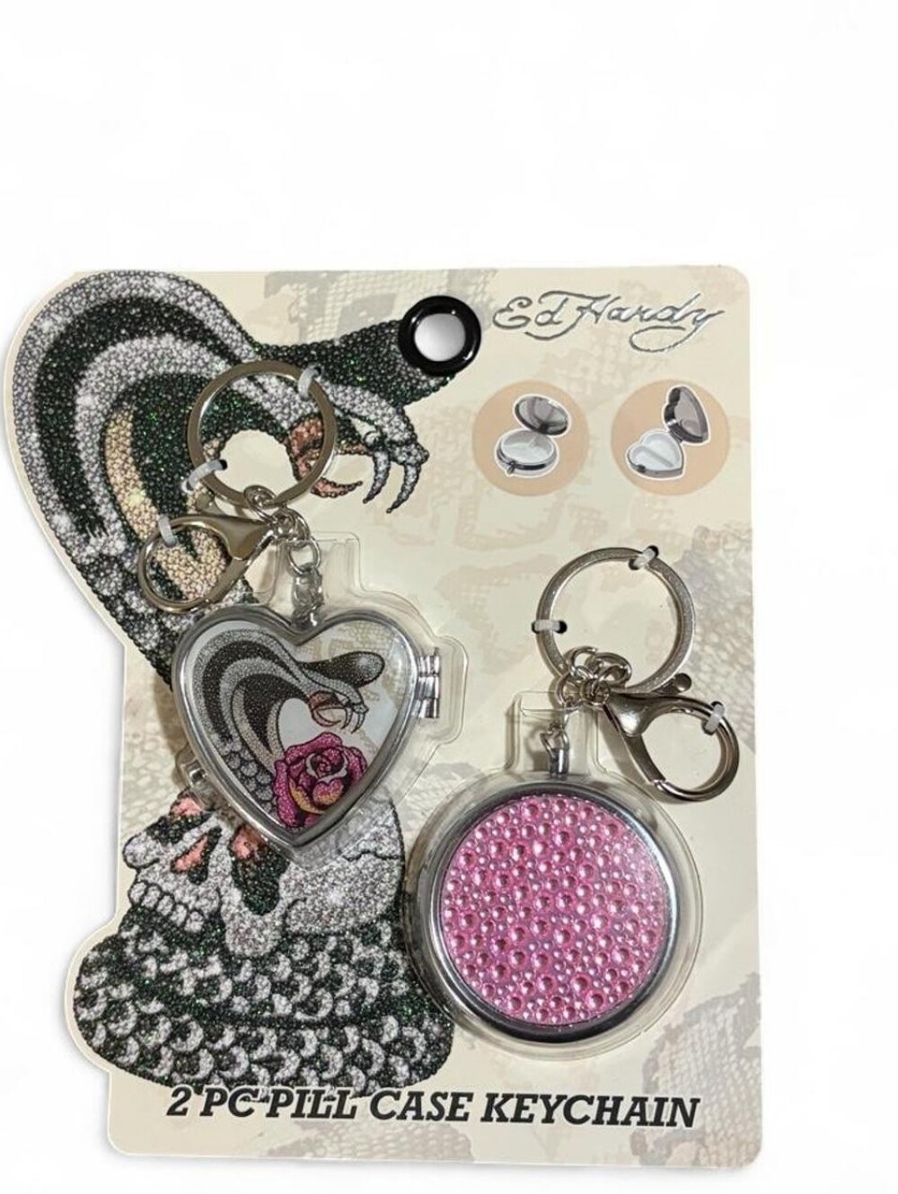Ed Hardy 2PC Rhinestone Pill Case Keychain Set – Brand New